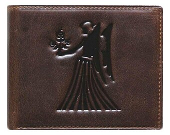Unique Bi-Fold Brown Genuine Leather Wallet ID Credit Card Holder Zodiac VIRGO