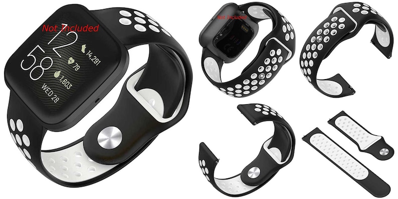 Peut inclure: Bracelet de montre en silicone noir et blanc avec un design perfor&eacute;. Le bracelet est compatible avec les montres intelligentes Fitbit Versa 3 et Sense.