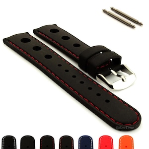 May include: A black watch strap featuring a perforated design with red stitching, a silver-toned metal buckle, and two spring bars. The strap has a series of circular holes along its length and includes a matching black keeper loop for secure fastening.
