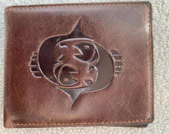 Unique Bi-Fold Brown Genuine Leather Wallet ID Credit Card Holder Zodiac PISCES