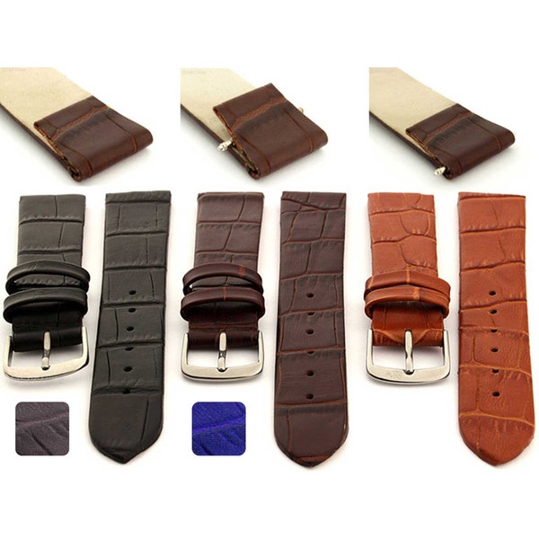 8mm 10mm 12mm 14mm 16mm 18mm 20mm 22mm Genuine Leather Open Ended Watch Strap Band Croco Grain, For Fixed Lugs - Black Brown Blue Chocolate