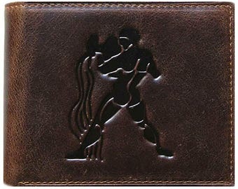 Unique Bi-Fold Brown Genuine Leather Wallet ID Credit Card Holder Zodiac AQUARIUS