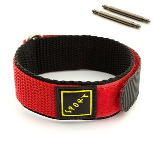 May include: Red and black nylon watch strap with a velcro closure and a yellow label that says "Sporty".