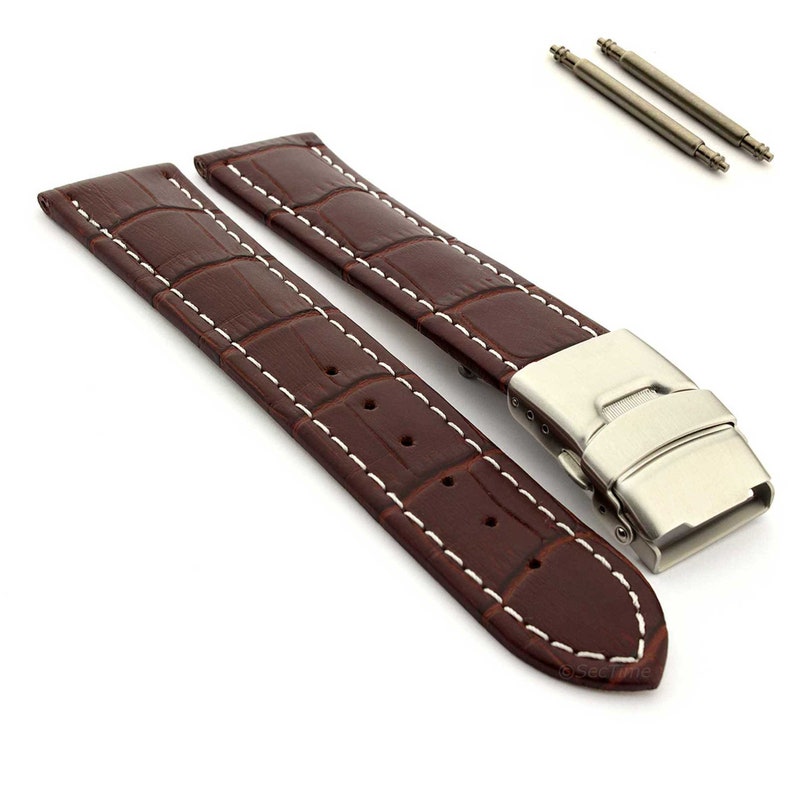 18 mm 20 mm 22 mm 24 mm 26 mm Bracelet de montre en cuir véritable pour homme, coutures blanches, boucle déployante en grain de croco marron noir bleu rouge vert Dark Brown