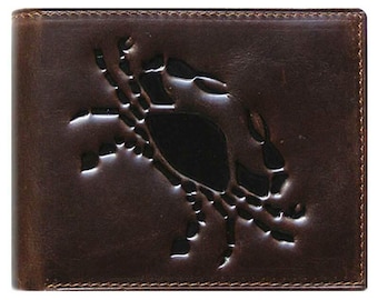 Unique Bi-Fold Brown Genuine Leather Wallet ID Credit Card Holder Zodiac CANCER