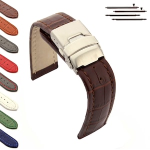 18mm 20mm 22mm 24mm 26mm Men's Genuine Leather Watch Strap Band Matching Stitching Croc Deployant Clasp Brown Black Blue Red Green White