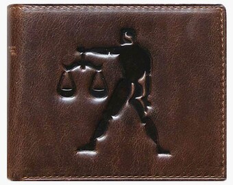 Unique Bi-Fold Brown Genuine Leather Wallet ID Credit Card Holder Zodiac LIBRA