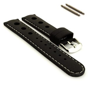 May include: A black watch strap featuring a perforated design with large circular holes near the lug end and smaller holes for the buckle. The strap has white contrast stitching along the edges and a polished silver-tone metal buckle and two spring bars.