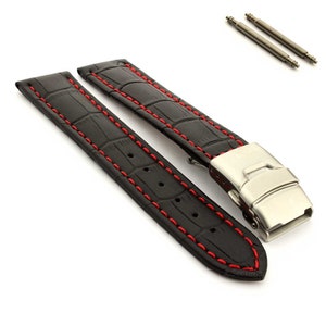 18 mm 20 mm 22 mm 24 mm 26 mm Bracelet de montre en cuir véritable pour homme, coutures blanches, boucle déployante en grain de croco marron noir bleu rouge vert Black / Red