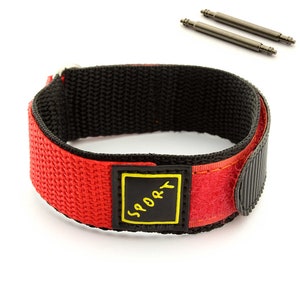May include: Red and black watch strap with a velcro closure and a yellow label that says "Sporty".