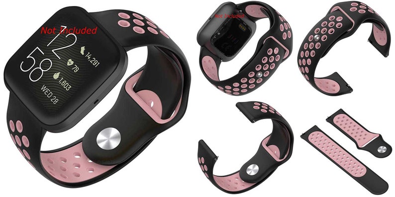 Peut inclure: Bracelet de montre en silicone noir et rose avec un design respirant et perfor&eacute;. Le bracelet est compatible avec les montres intelligentes Fitbit Versa 3 et Sense.