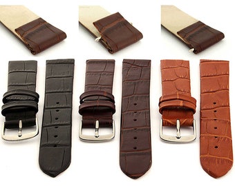 Bracelet de montre extra long en cuir véritable 14 mm 16 mm 18 mm 20 mm, grain croco, pour cosses fixes - Marron noir