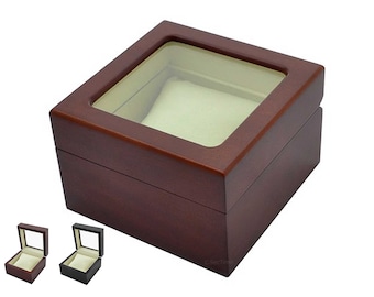 New Classic Wooden Watch Box Case Single Storage for 1 Wristwatch with Glass Window Lid Brown Black