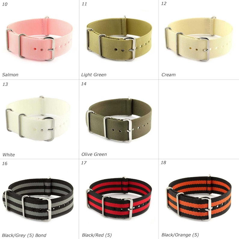 16mm 18mm 20mm 22mm 24mm Nylon Nato Watch Strap Band Fixed/Standard Lugs Black Grey Blue Green Red Brown Orange Yellow White Lilac Cream zdjęcie 3