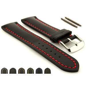 May include: Black leather watch strap with red stitching and a silver buckle. The strap is shown with spring bars.