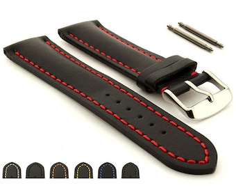 May include: Black leather watch strap with red stitching and a silver buckle. The strap is shown with spring bars.