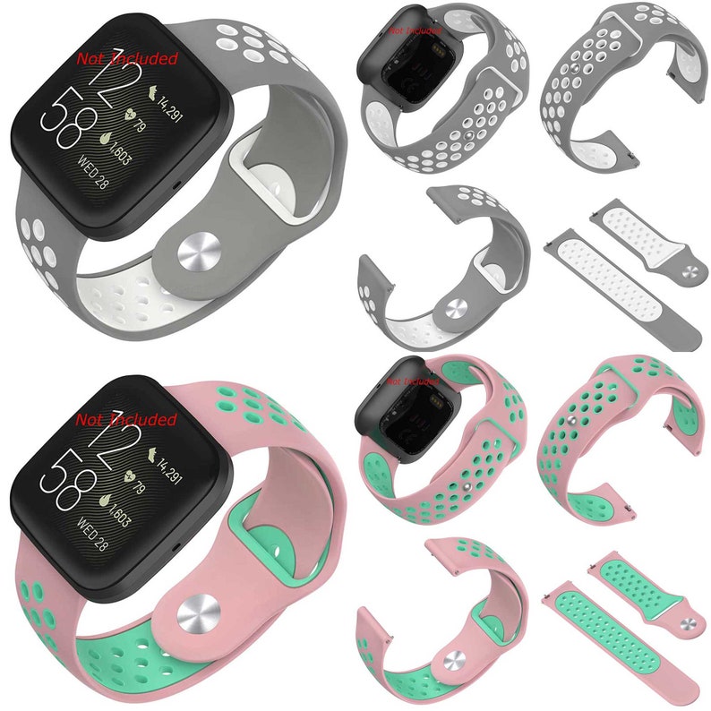 Peut inclure: Deux combinaisons de couleurs diff&eacute;rentes pour un bracelet de montre intelligente. Le bracelet est en silicone et pr&eacute;sente un design perfor&eacute;. Le bracelet est disponible en gris avec des accents blancs et en rose avec des accents verts. Le bracelet est compatible avec les montres intelligentes Fitbit Versa 3 et Sense.