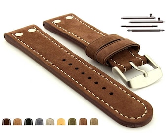 Riveted Suede Leather Watch Strap: Aviator Style, Quick Release