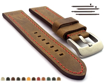 20mm 22mm 24mm 26mm Genuine Leather Watch Strap Band Marina, Classic / Quick Release Spring Bars - Brown Black Blue Grey Red Green