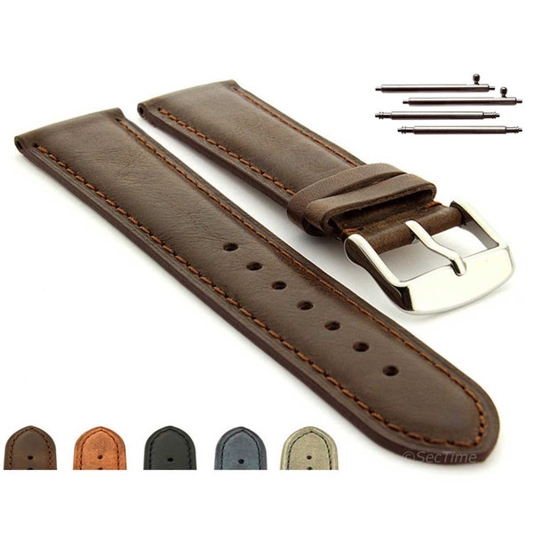 Pulseira de couro genuíno para relógio, modelo TWISTER Classic, com sistema de liberação rápida e pinos de mola, disponível nos tamanhos 18 mm, 19 mm, 20 mm, 21 mm, 22 mm e 24 mm. Cores disponíveis: marrom, preto, azul e cinza.