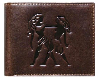 Unique Bi-Fold Brown Genuine Leather Wallet ID Credit Card Holder Zodiac GEMINI