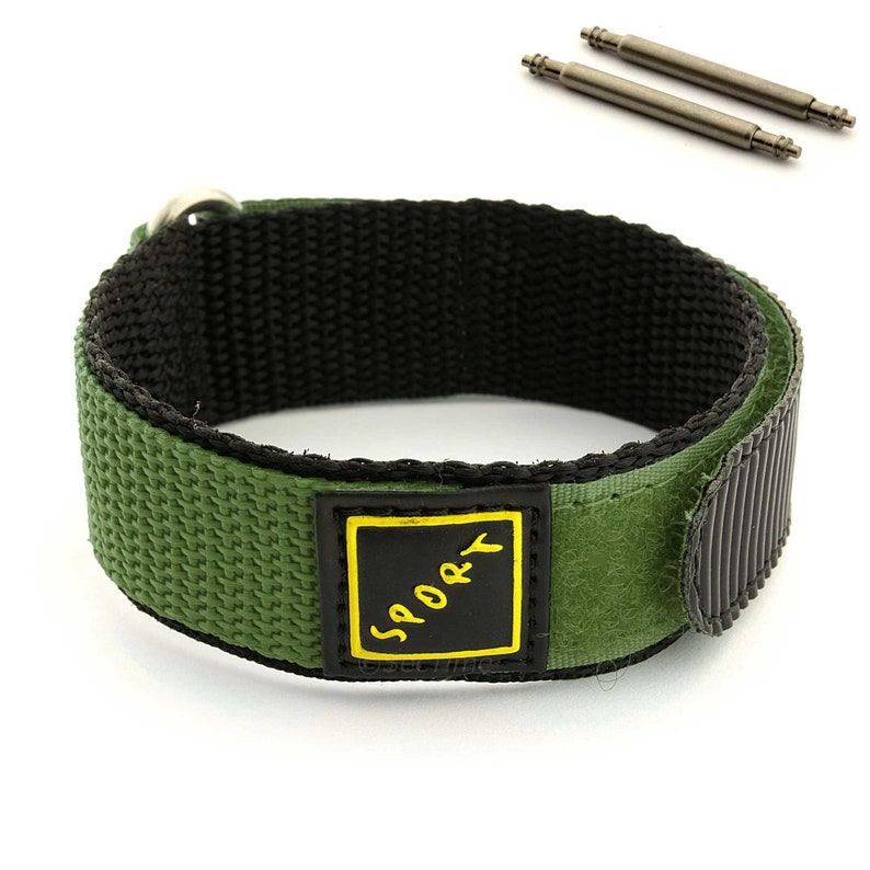 May include: Green nylon watch strap with a black velcro closure and a yellow label that says "Sporty".