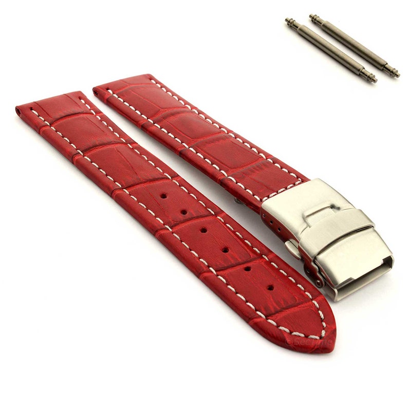 18 mm 20 mm 22 mm 24 mm 26 mm Bracelet de montre en cuir véritable pour homme, coutures blanches, boucle déployante en grain de croco marron noir bleu rouge vert Rouge
