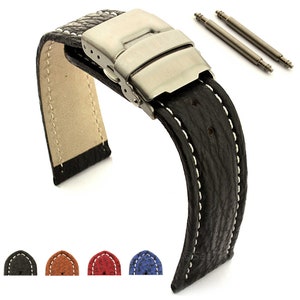 18mm 20mm 22mm 24mm Men's Genuine Shark Leather Watch Strap Band Stainless Steel Deployant Clasp Spring Bars Black Brown Blue Red