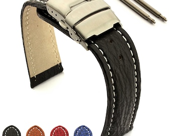 18mm 20mm 22mm 24mm Men's Genuine Shark Leather Watch Strap Band Stainless Steel Deployant Clasp Spring Bars Black Brown Blue Red