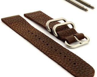 Genuine Leather Vintage Style Watch Strap – Two-Piece Nato Band, Brushed Buckle 18mm-26mm