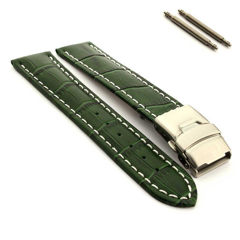 18 mm 20 mm 22 mm 24 mm 26 mm Bracelet de montre en cuir véritable pour homme, coutures blanches, boucle déployante en grain de croco marron noir bleu rouge vert Vert