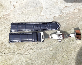 Navy Blue Croc Grain Leather Watch Strap with Butterfly Silver Deployment Clasp