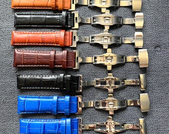 18mm 20mm 22mm 24mm Croc Grain Leather Watch Strap with Butterfly Silver Deployment Clasp