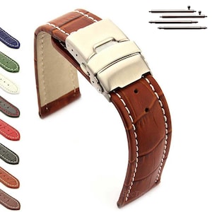 18mm 20mm 22mm 24mm 26mm Men's Genuine Leather Watch Strap Band White Stitching Croc Grain Deployant Clasp Brown Black Blue Red Green
