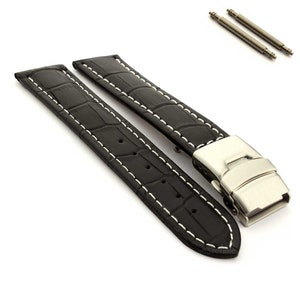 18mm 20mm 22mm 24mm 26mm Men's Genuine Leather Watch Strap Band White Stitching Croc Grain Deployant Clasp Brown Black Blue Red Green Black