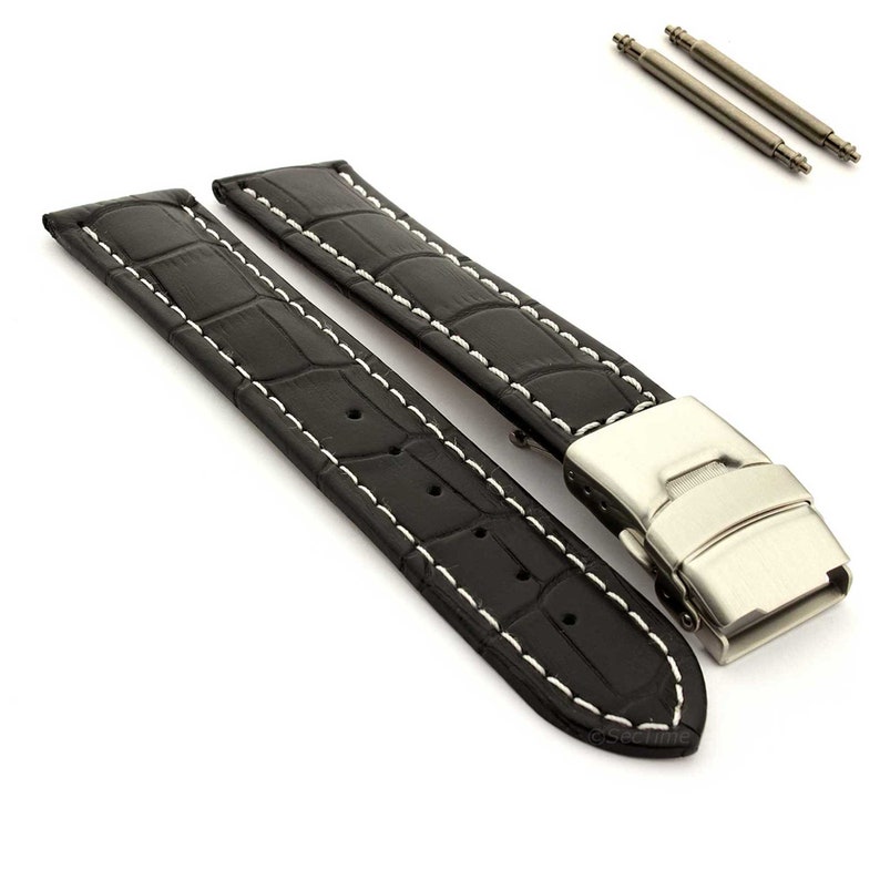 18mm 20mm 22mm 24mm 26mm Men's Genuine Leather Watch Strap Band White Stitching Croc Grain Deployant Clasp Brown Black Blue Red Green Black