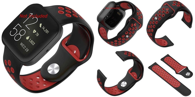 Peut inclure: Bracelet de montre en silicone noir et rouge avec un design perfor&eacute;. Le bracelet est compatible avec les montres intelligentes Fitbit Versa 3 et Sense.