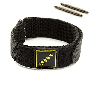 May include: Black nylon watch strap with a velcro closure and a black rectangular patch with the word "SPORT" written in yellow.