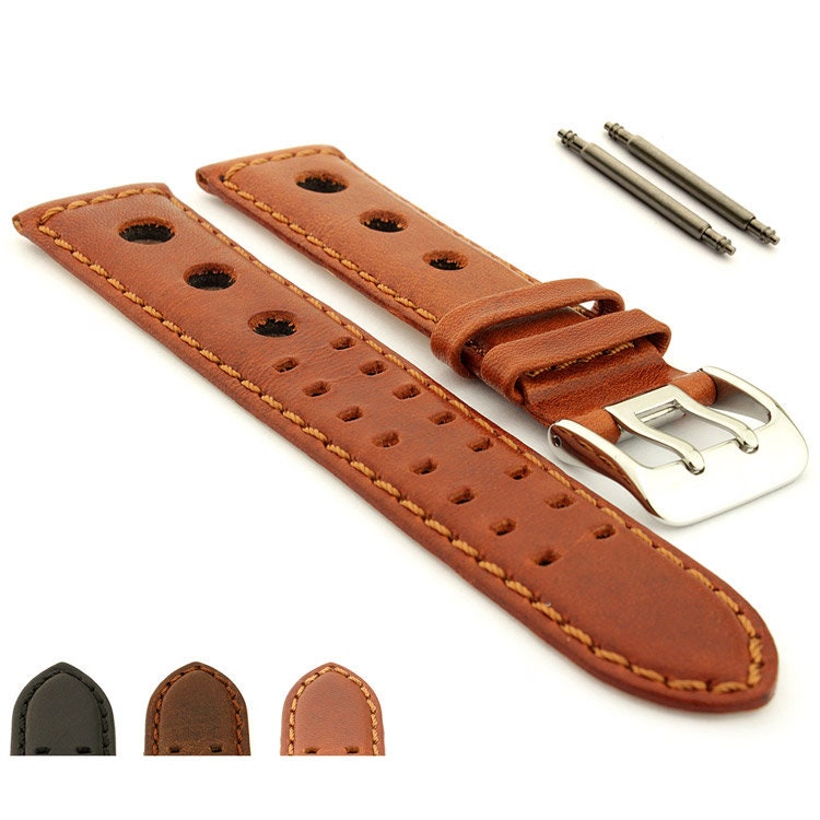 20mm 22mm 24mm Genuine Leather (vegetable-tanned) Watch Strap Band Dani in Rally Style, Double-pin Buckle, Spring Bars - Black, Brown