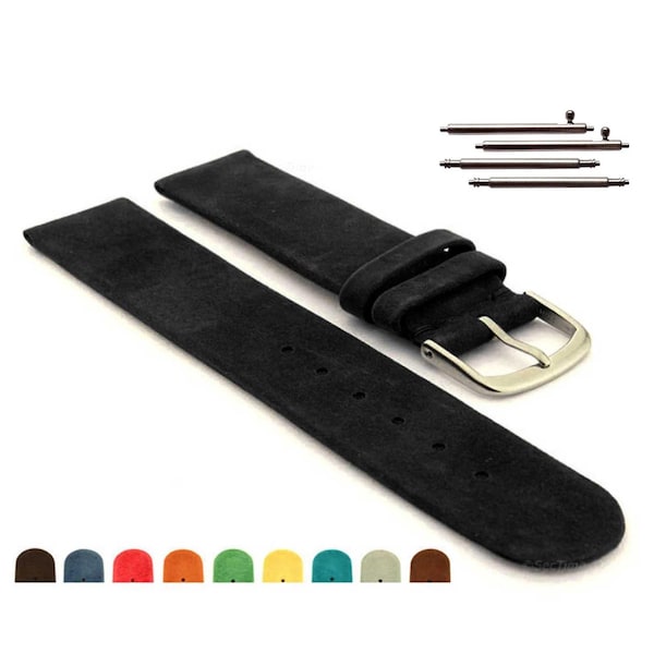 Pulseira de relógio em camurça genuína, modelo Malaga Classic, com fecho de mola de liberação rápida, disponível nos tamanhos 12 mm, 14 mm, 16 mm, 18 mm, 20 mm e 22 mm. Cores disponíveis: preto, marrom, azul, vermelho e laranja.