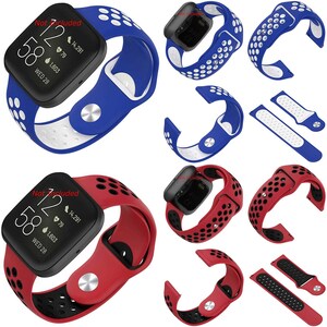 Peut inclure: Deux bracelets de montre en silicone avec un design perfor&eacute;. Un bracelet est bleu avec des accents blancs et l'autre est rouge avec des accents noirs. Les deux bracelets sont compatibles avec les montres intelligentes Fitbit Versa.