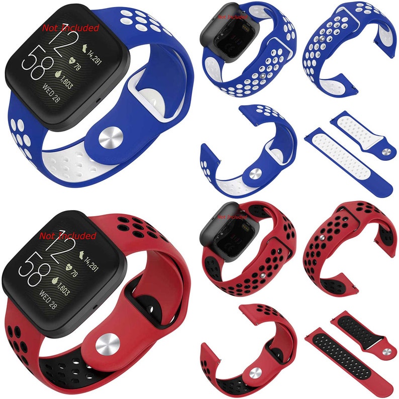 Peut inclure: Deux bracelets de montre en silicone avec un design perfor&eacute;. Un bracelet est bleu avec des accents blancs et l'autre est rouge avec des accents noirs. Les deux bracelets sont compatibles avec les montres intelligentes Fitbit Versa.