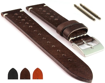 May include: Brown leather watch strap with white stitching and a silver buckle. The strap has a perforated design and comes with spring bars.