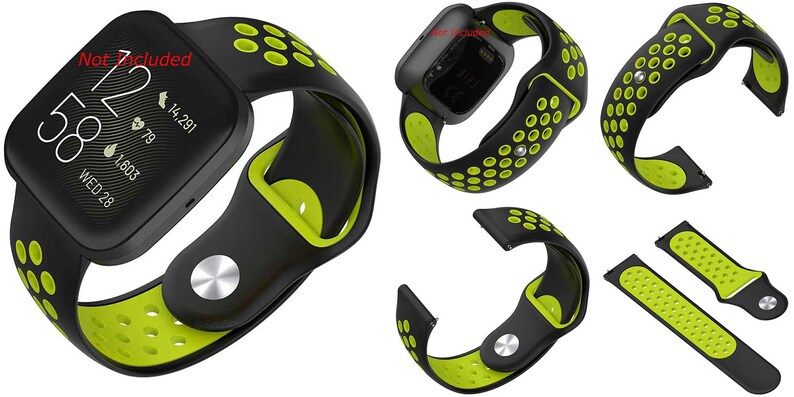 Peut inclure: Bracelet de montre en silicone noir et vert avec un design perfor&eacute;. Le bracelet est compatible avec les montres intelligentes avec un bracelet de 20 mm.