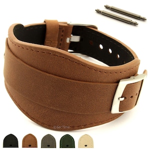 18mm 20mm 22mm Military Men&#39;s Genuine Leather One-piece Cuff Pad Watch Strap Band MOSCOW SS. Buckle Spring Bars Black Brown Grey Green Beige