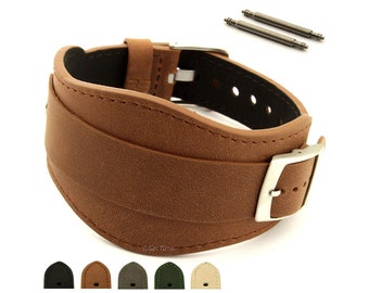 18mm 20mm 22mm Military Men's Genuine Leather One-piece Cuff Pad Watch Strap Band MOSCOW SS. Buckle Spring Bars Black Brown Grey Green Beige