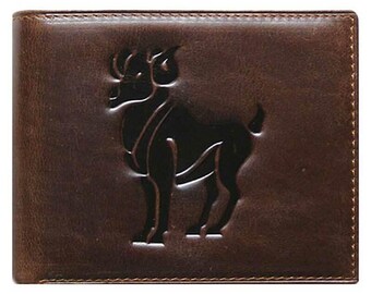 Unique Bi-Fold Brown Genuine Leather Wallet ID Credit Card Holder Zodiac ARIES
