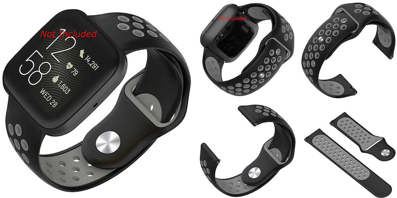 Peut inclure: Bracelet de montre en silicone noir et gris avec un design perfor&eacute;. Le bracelet est compatible avec les montres intelligentes Fitbit Versa 3 et Sense. Le texte "Not Included" est visible sur le cadran de la montre.