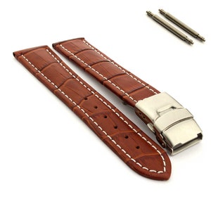 18mm 20mm 22mm 24mm 26mm Men's Genuine Leather Watch Strap Band White Stitching Croc Grain Deployant Clasp Brown Black Blue Red Green Brown