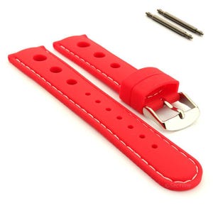 May include: A bright red silicone watch strap featuring a perforated design with white contrast stitching along the edges. The strap includes a polished silver-tone metal buckle and two matching spring bars positioned separately above the band.
